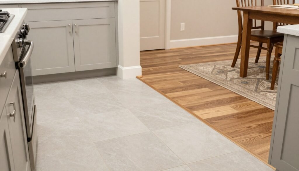 Kitchen with tile flooring transitioning to wood flooring in dining area