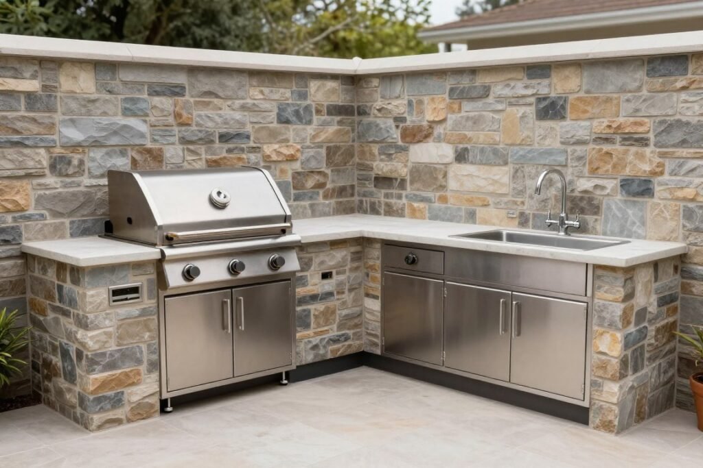 L-shaped backyard kitchen with grill on one side and prep area on the other