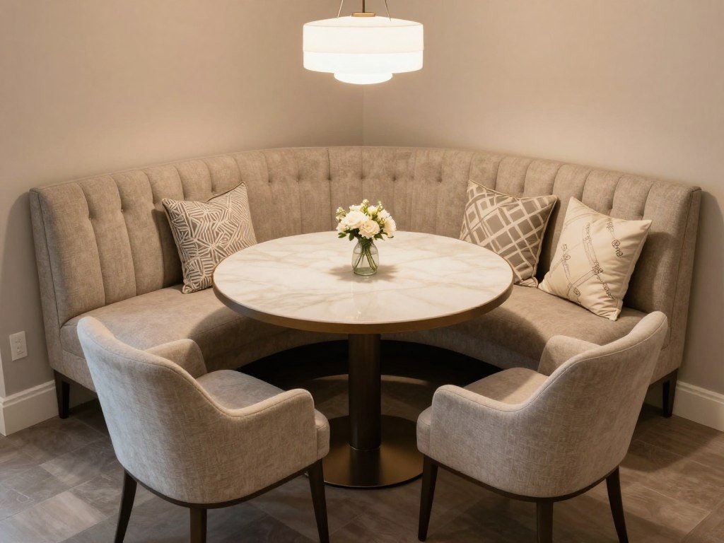 L-shaped banquette dining nook with tufted upholstery, round table, and accent chairs, creating a restaurant-like booth in a home setting