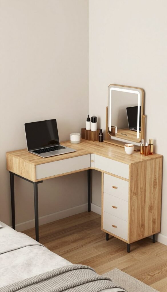 L-shaped corner desk and vanity combo maximizing space in a bedroom