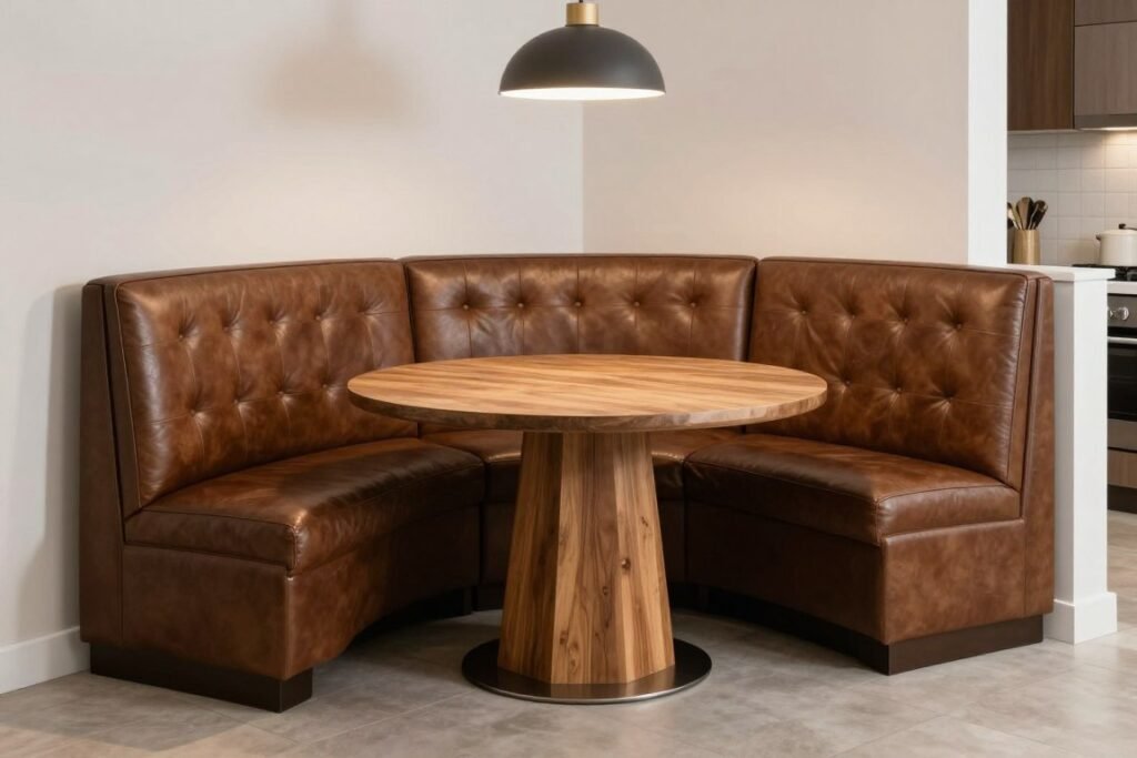 L-shaped corner dining booth with wooden table