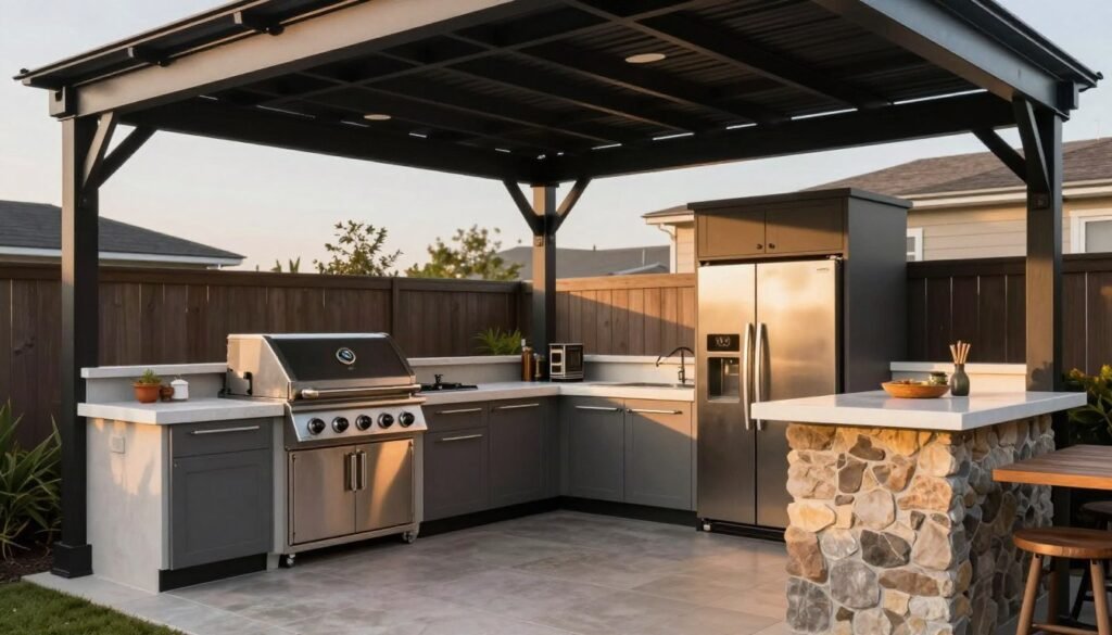 L-shaped outdoor kitchen under a dark pergola with bar seating and integrated appliances