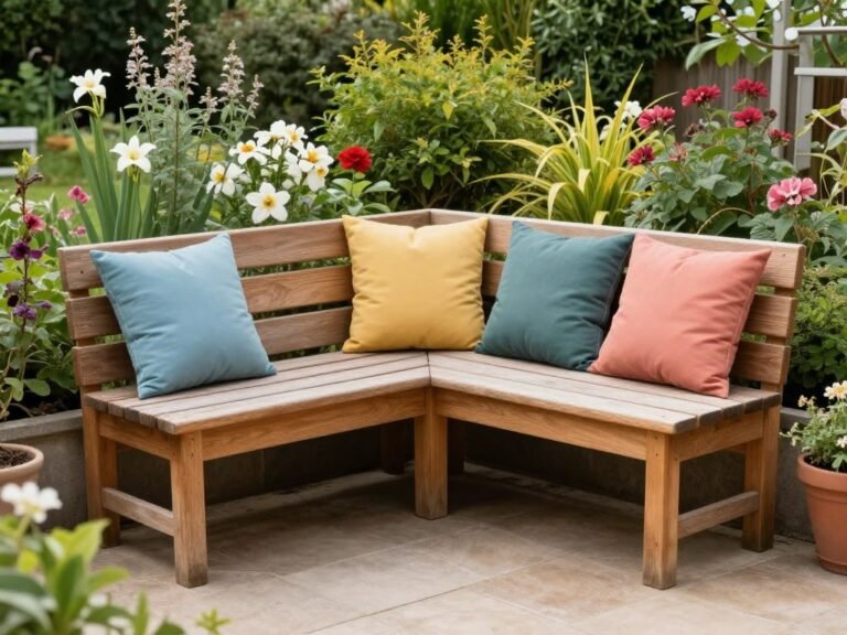 L-shaped wooden corner bench with colorful cushions nestled in a garden corner with flowering plants and shrubs surrounding it
