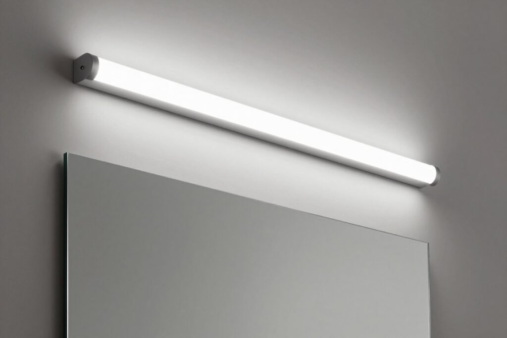 LED vanity light strip installed above bathroom mirror