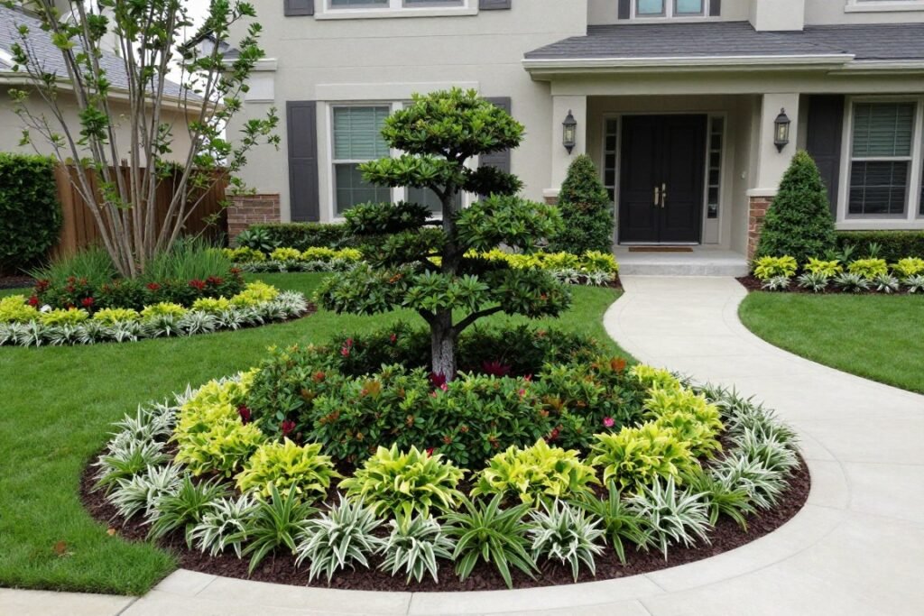 Landscaped front yard showing balance, unity, and focal points with curved borders and layered plantings