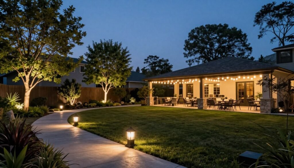 Large backyard at dusk with various lighting elements including path lights, uplighting on trees, and string lights over a patio area