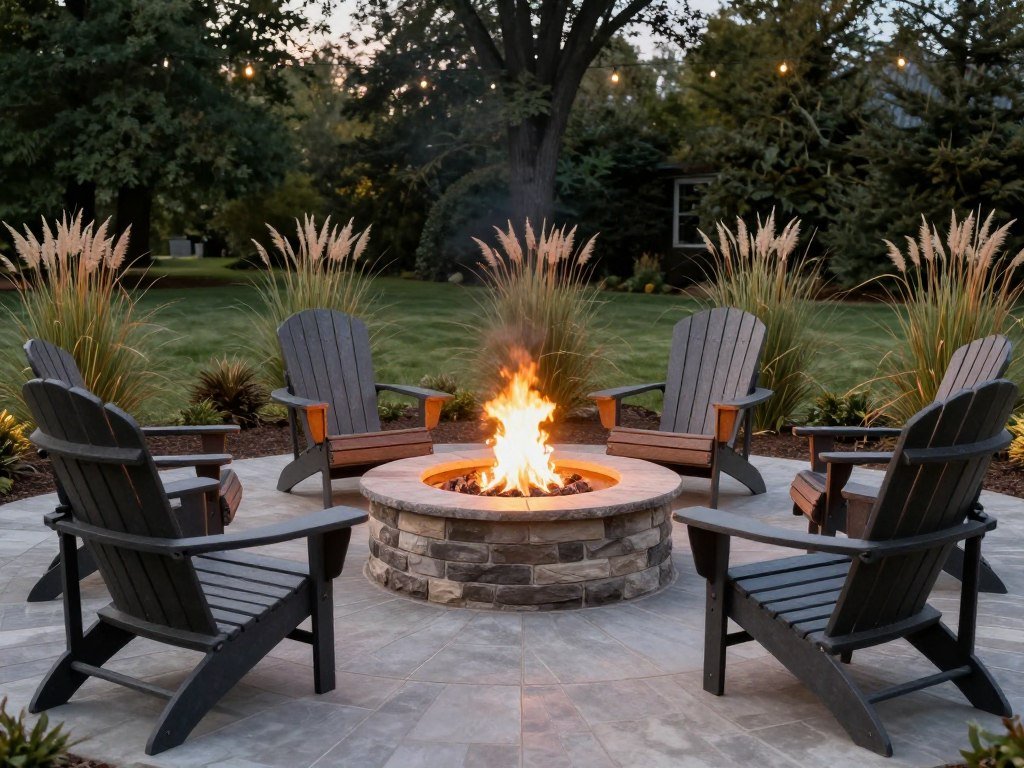 Large backyard with a dramatic fire pit area surrounded by comfortable seating as a central focal point