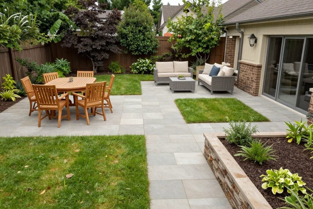 Large backyard with clearly defined zones including a dining area, lounge space, and garden beds connected by pathways