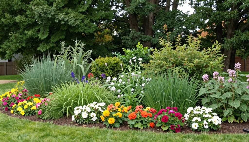 Large backyard with layered plantings showing trees, shrubs, and perennials creating depth and visual interest