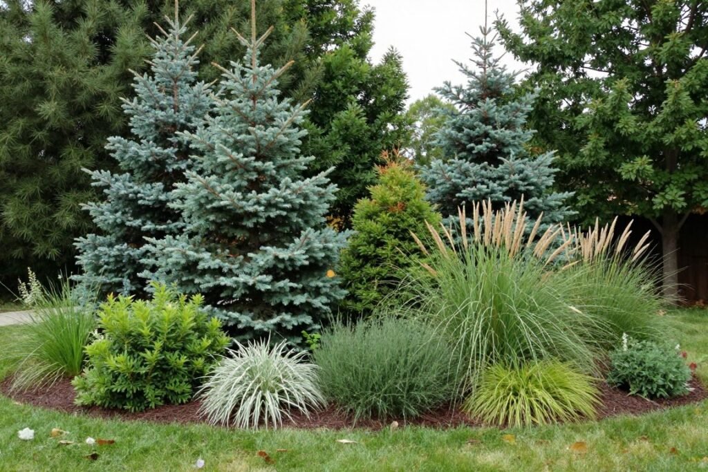 Large backyard with layered privacy plantings including trees, tall shrubs, and ornamental grasses creating natural screening