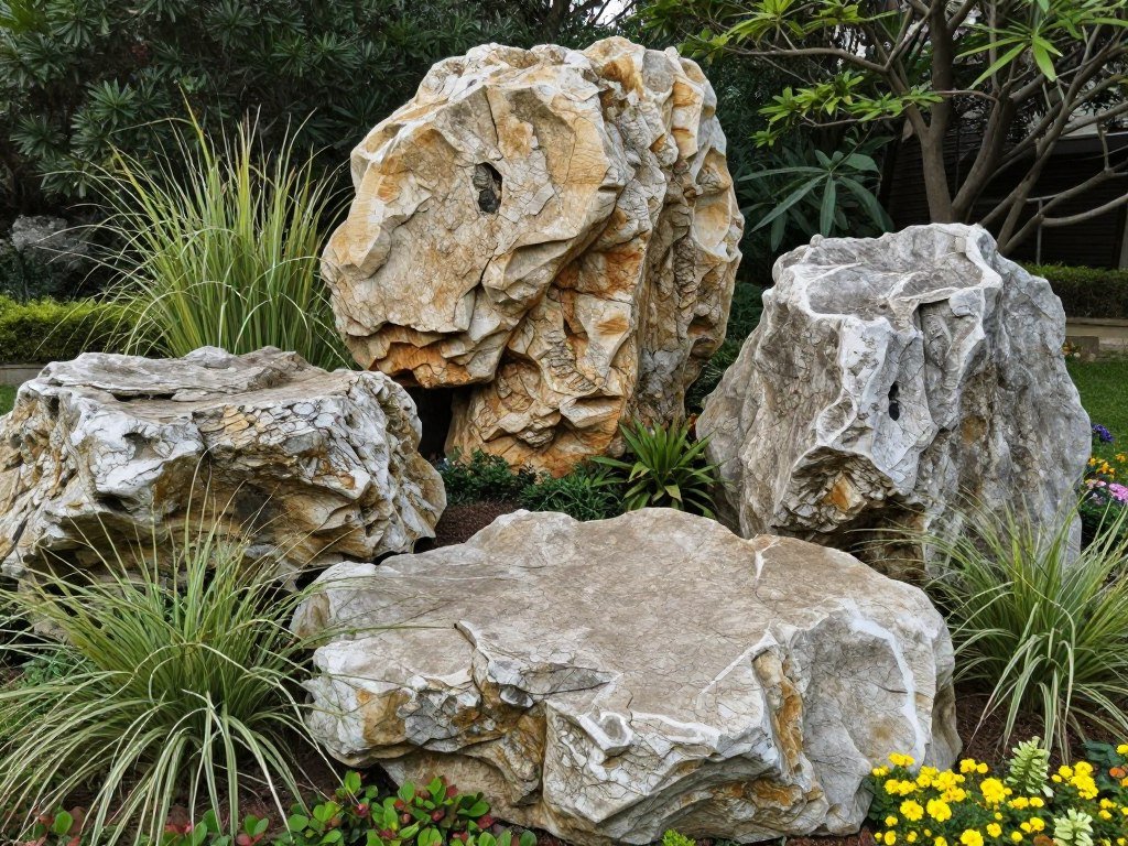 Large decorative boulders creating a focal point in a landscaped garden with plants