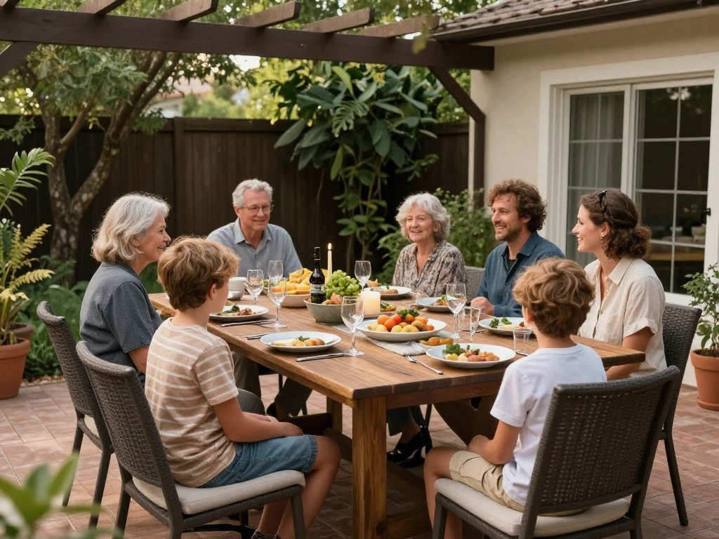 Large family-style dining table in a cozy backyard setting ready for a gathering