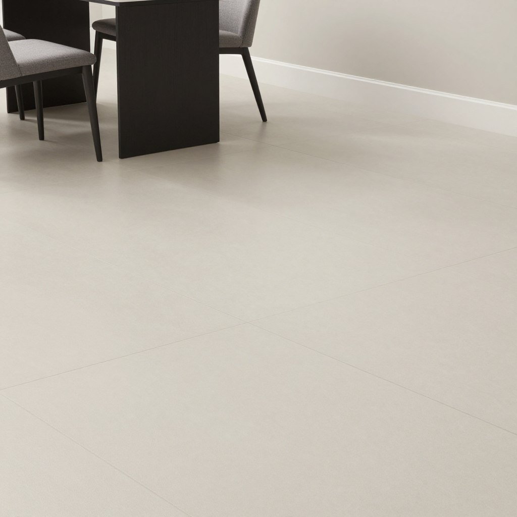 Large format tile flooring in minimalist dining room Large format tile flooring in minimalist dining room