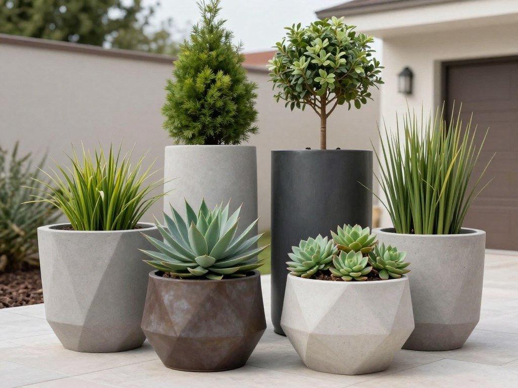 Large geometric planters with architectural plants in a modern backyard landscape design