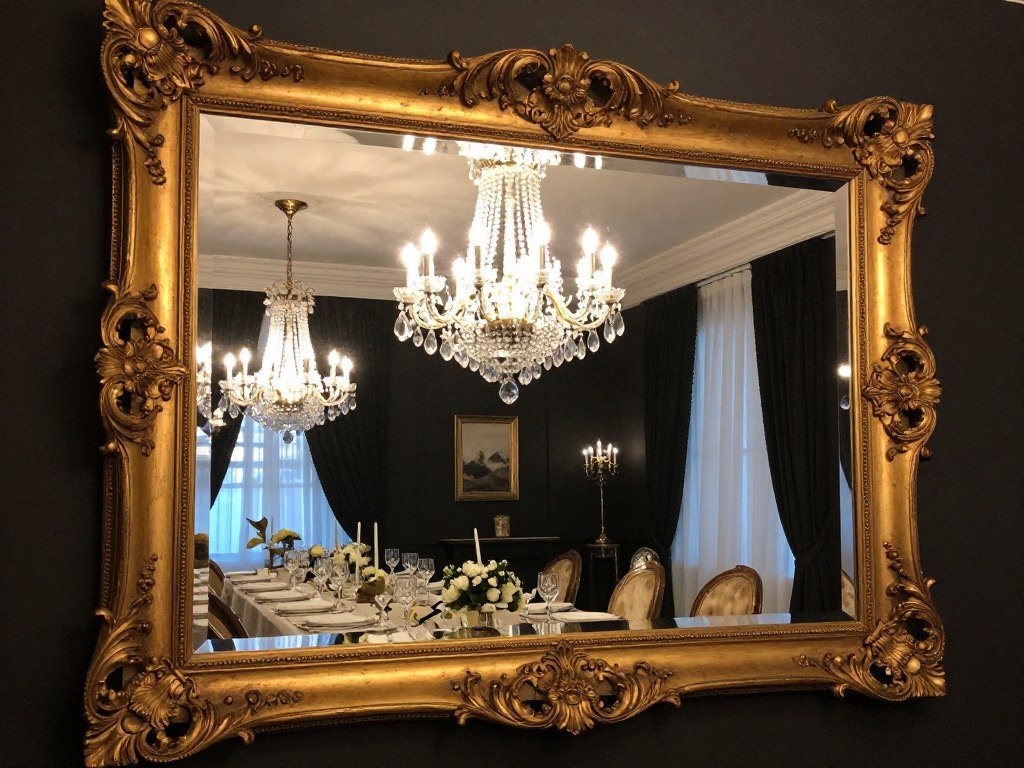 Large ornate mirror reflecting a glamorous dining room setup