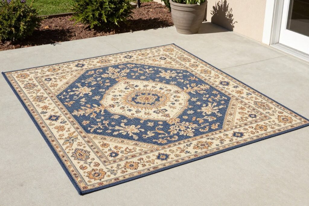 Large outdoor rug defining a cozy backyard seating area on a patio