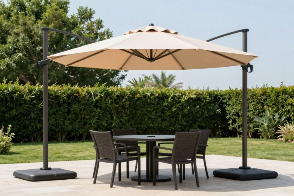 Large patio umbrella providing shade over an outdoor dining table
