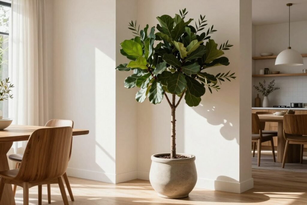 Large potted plant adding life to an organic modern dining corner