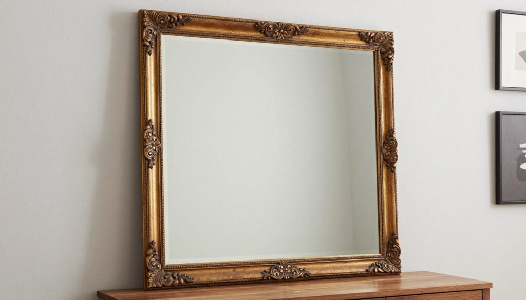 Large statement mirror with decorative frame serving as the focal point of a vanity area