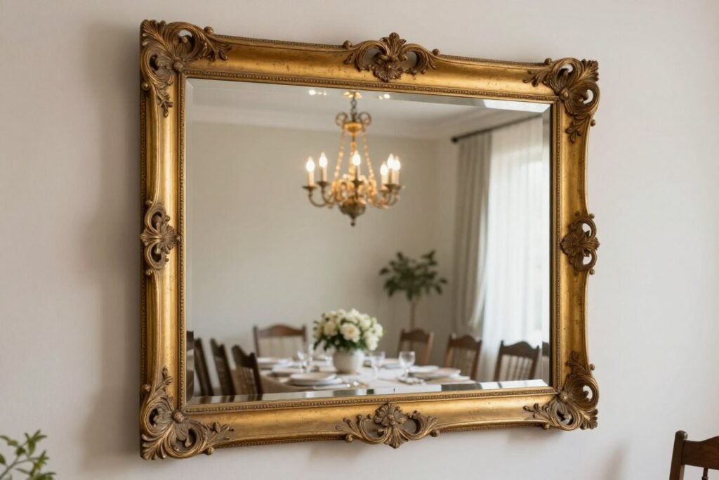 Large vintage gold mirror reflecting chandelier light in dining room