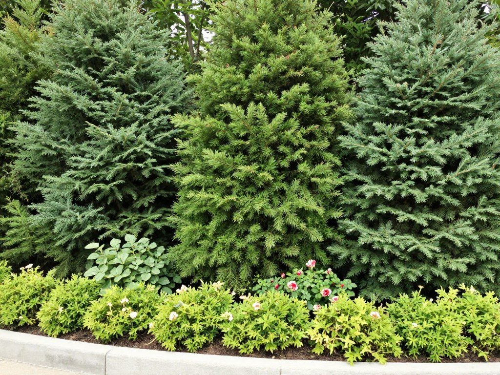 Layered corner planting with evergreen shrubs, ornamental trees and perennials creating a dense privacy screen