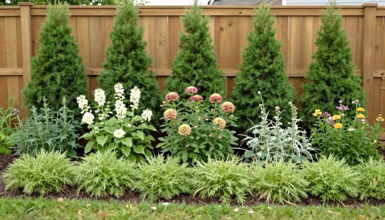 Layered fence line landscaping with tall shrubs, medium flowering plants, and low groundcover creating depth and visual interest