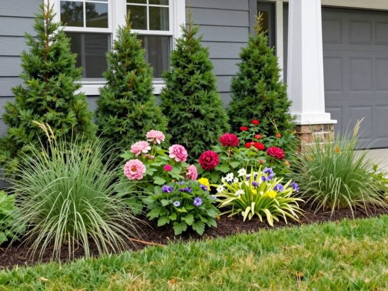 Layered foundation plantings with evergreen shrubs, flowering perennials, and ornamental grasses creating depth around a home's foundation