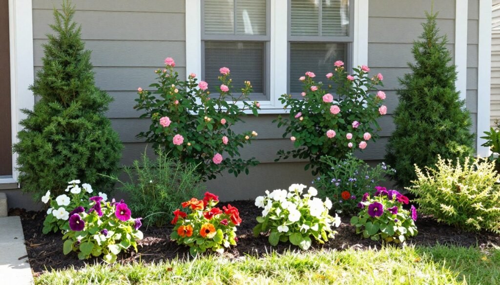 Layered foundation plantings with evergreens, flowering shrubs, and perennials Layered foundation plantings with evergreens, flowering shrubs, and perennials