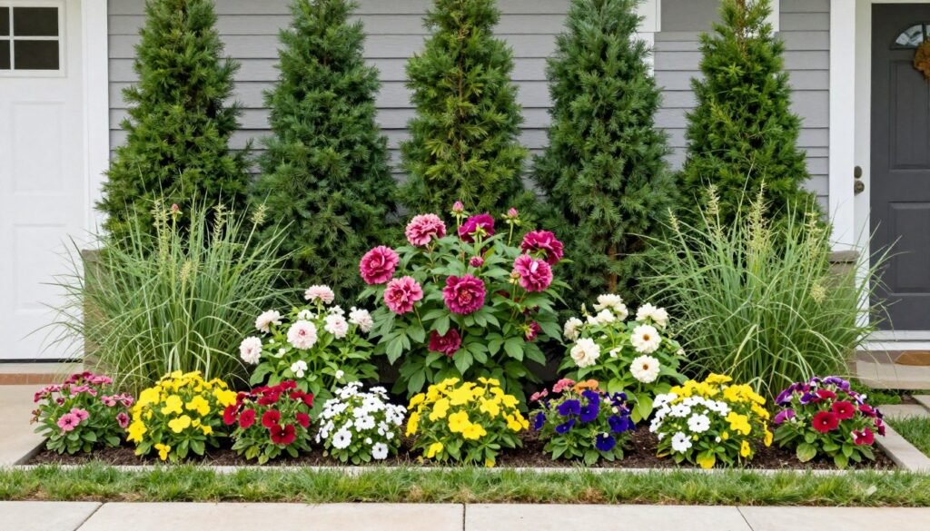 Layered front yard garden bed with tall shrubs in back, medium perennials in middle, and low flowers in front