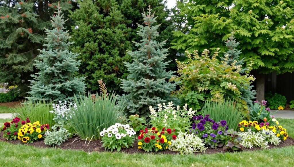 Layered front yard plantings with trees, shrubs, and perennials