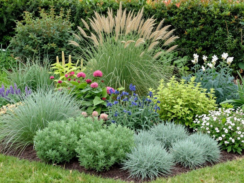 Layered garden plantings with various heights, textures, and colors creating depth