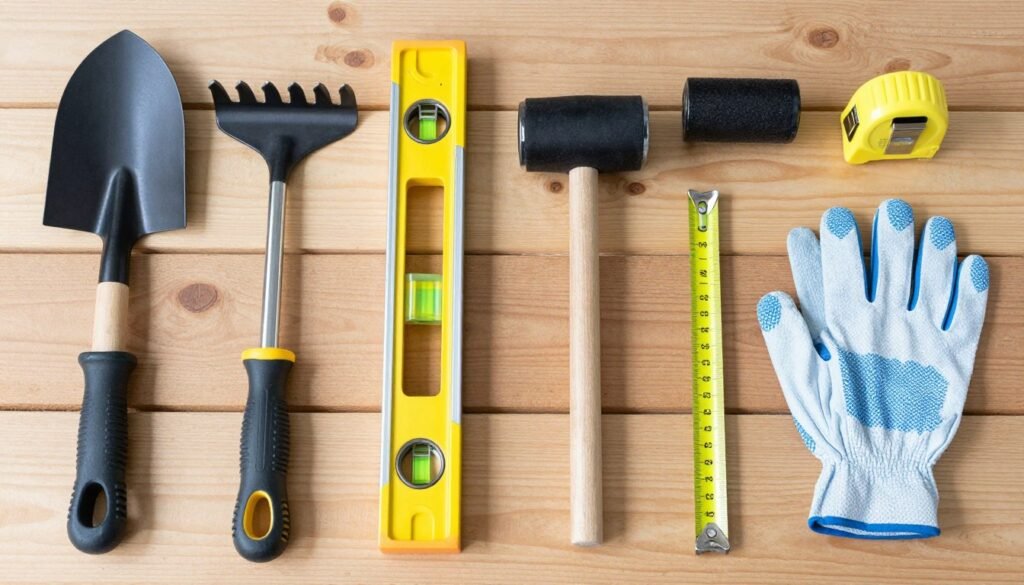 Layout of essential DIY patio tools including shovel, level, tamper, and rubber mallet