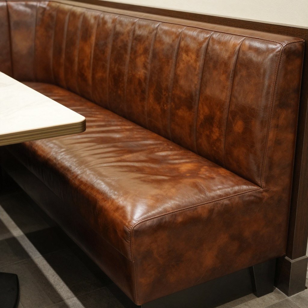 Leather dining banquette bench with rich patina and tufting