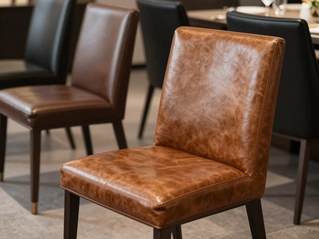 Leather dining chairs in various colors showing rich texture and elegant design