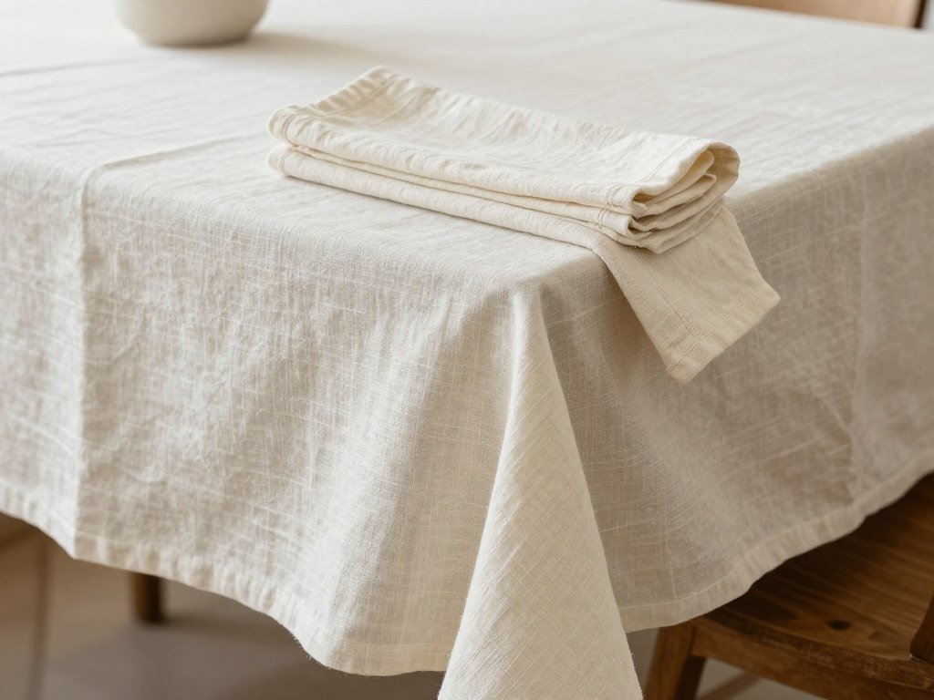 Linen tablecloth and napkins in a Nancy Meyers dining room setting