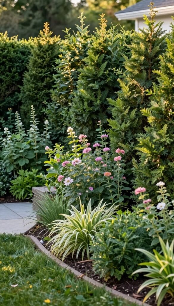 Living privacy screen with mixed evergreen and flowering shrubs creating beautiful boundary