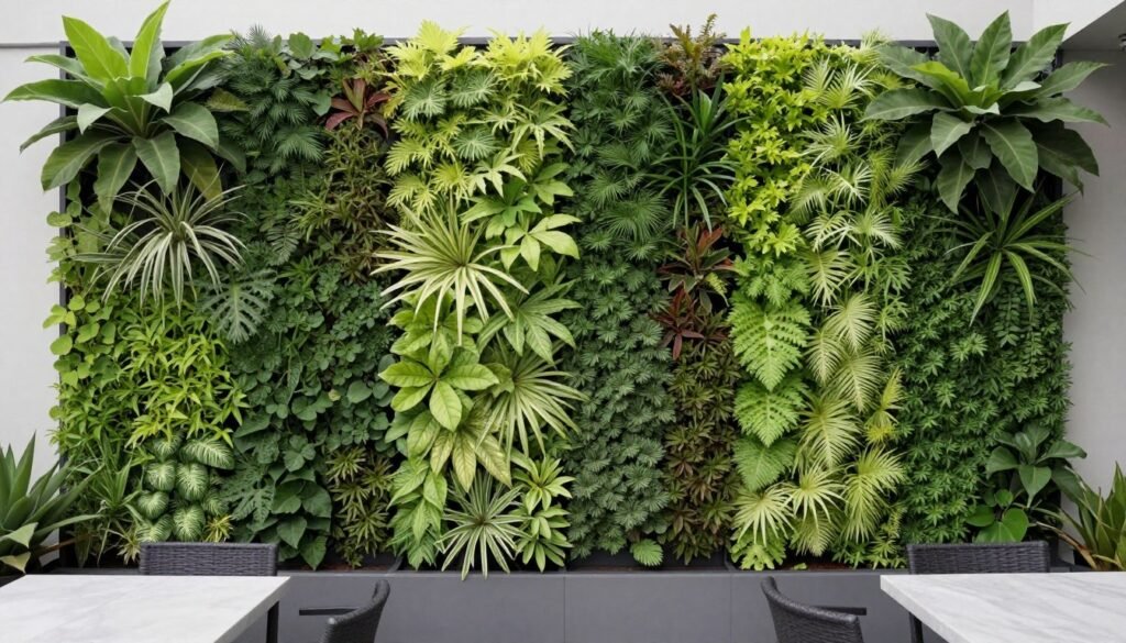 Living wall with vertical plantings creating a green backdrop for a patio Living wall with vertical plantings creating a green backdrop for a patio