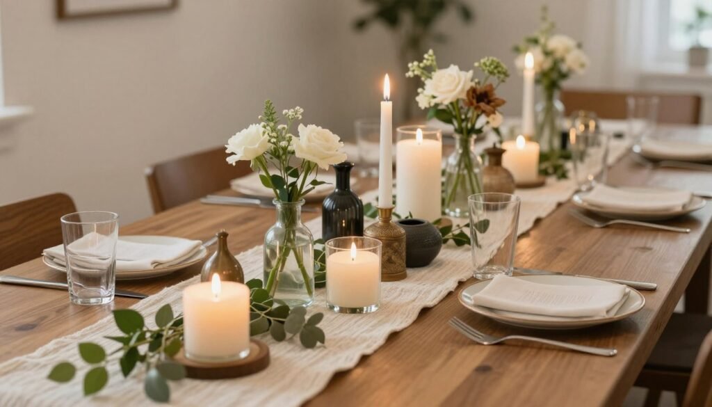 Long dining table showing the runner and layers technique with multiple decorative elements