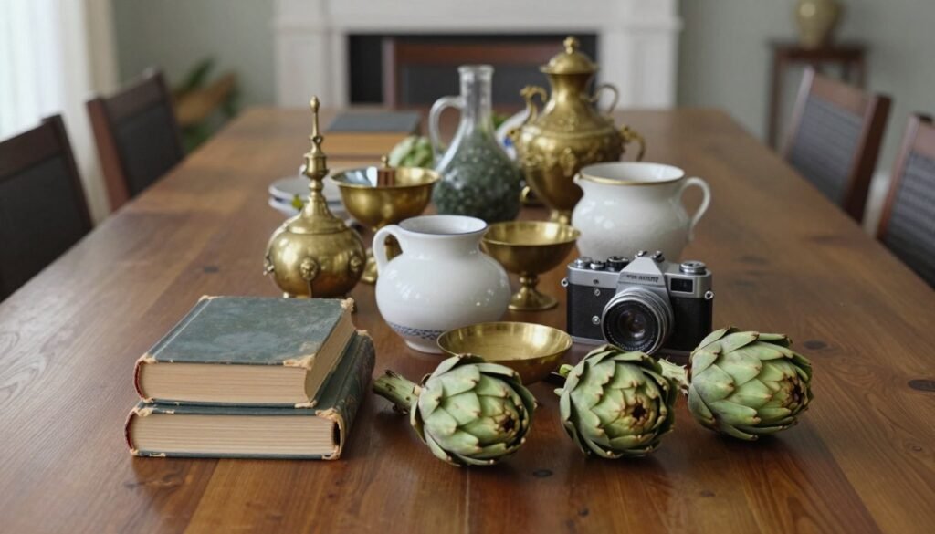 Long dining table with creative non-traditional centerpiece using books, pottery, and unexpected items