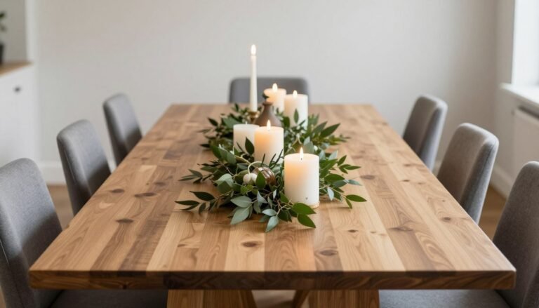 Long dining table with perfectly proportioned centerpiece running down the middle