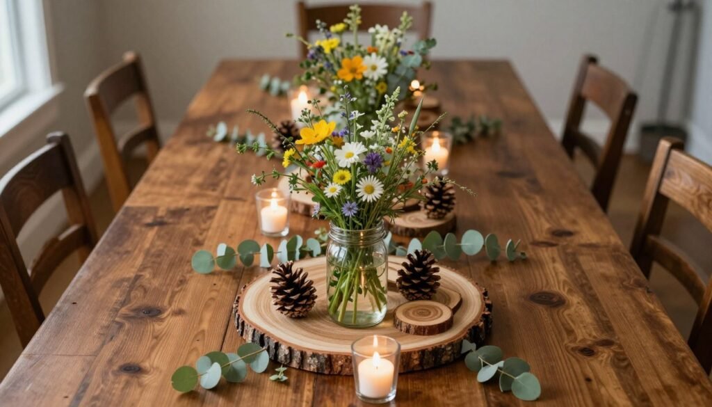 Long dining table with rustic centerpiece featuring wood slices, mason jars with wildflowers, and natural elements