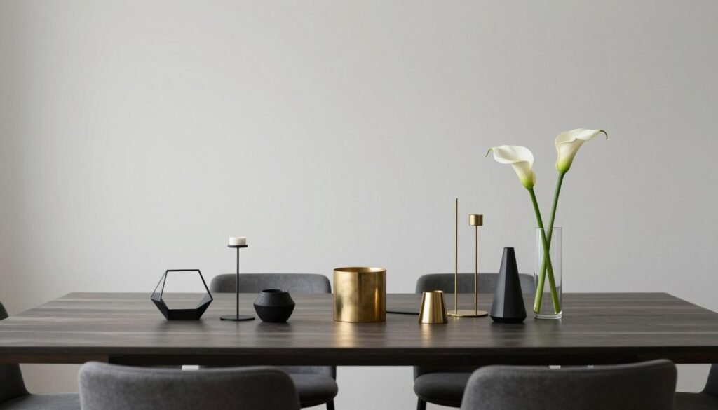 Long dining table with sleek modern centerpiece featuring geometric elements and clean lines