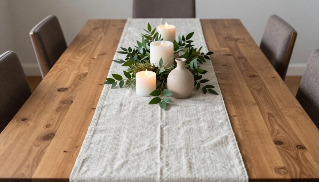 Long dining table with textured neutral runner and layered centerpiece elements