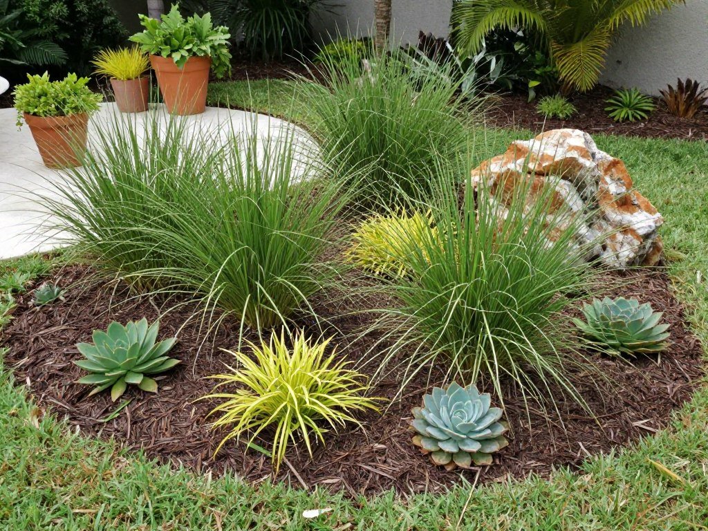 Low-maintenance Florida landscape with native plants, mulch, and minimal lawn area