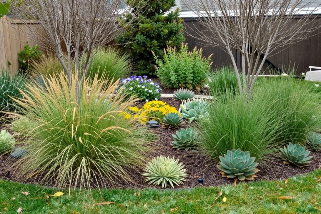 Low-maintenance backyard landscape with native plants and drought-tolerant varieties