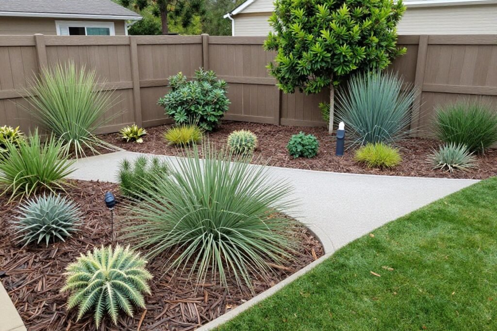 Low-maintenance backyard landscaping designs layout with drought-tolerant plants