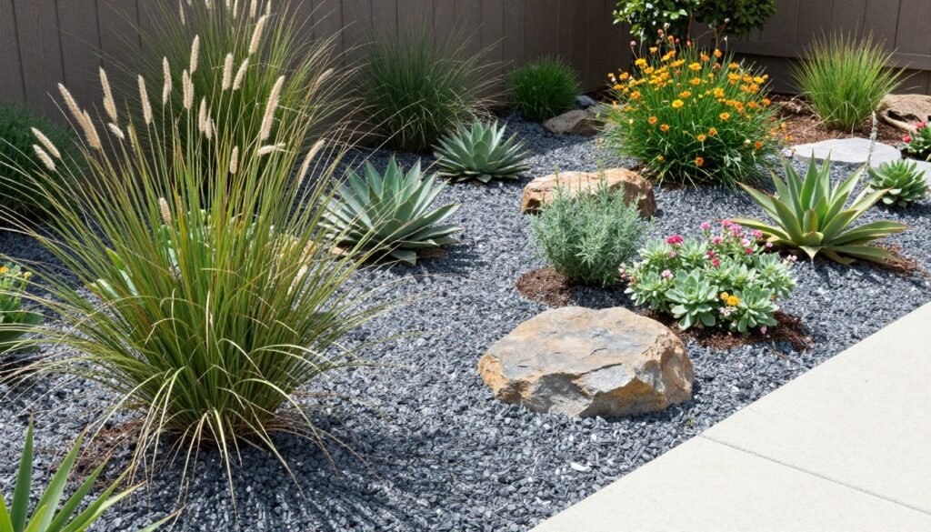 Low-maintenance backyard with drought-tolerant plants, decorative gravel, and minimal lawn area