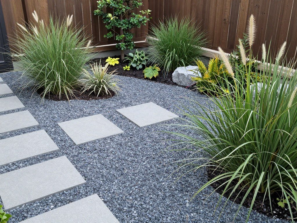 Low-maintenance dream backyard landscape with native plants and mulched areas