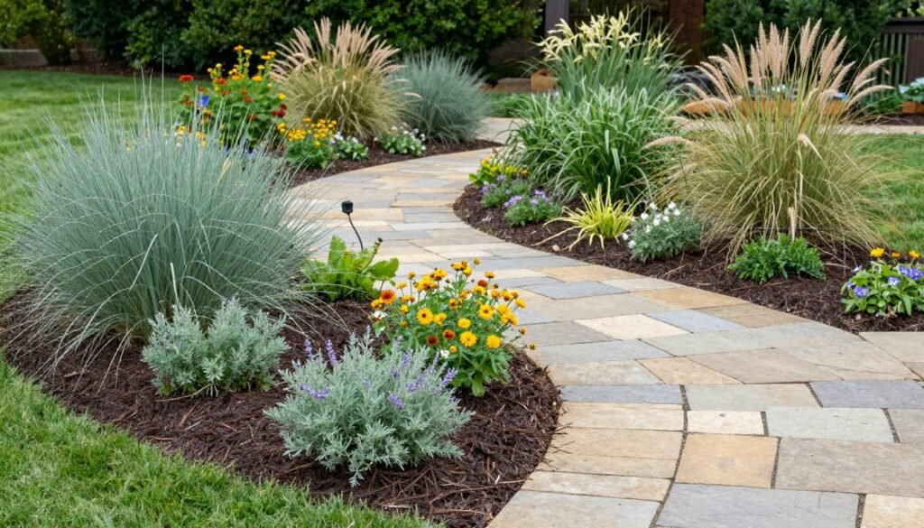 Low-maintenance farmhouse landscape with native plants, mulched beds, and natural stone pathways Low-maintenance farmhouse landscape with native plants, mulched beds, and natural stone pathways
