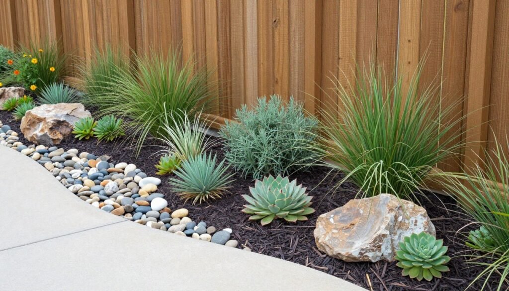 Low-maintenance fence line landscaping with drought-tolerant plants, decorative rocks, and mulch